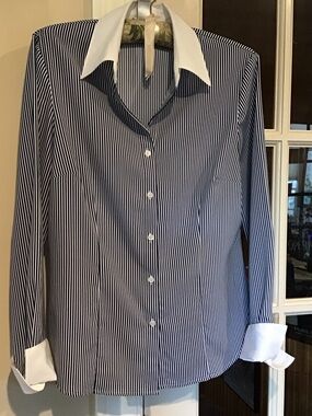 East 5th Navy and White Pinstripe Dress Shirt with White Collar